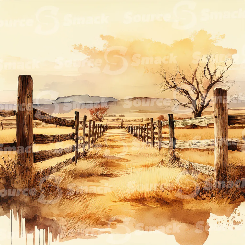 A dirt path winds through a grassy field, bordered by a weathered wooden fence with dark brown posts and horizontal planks with copy space