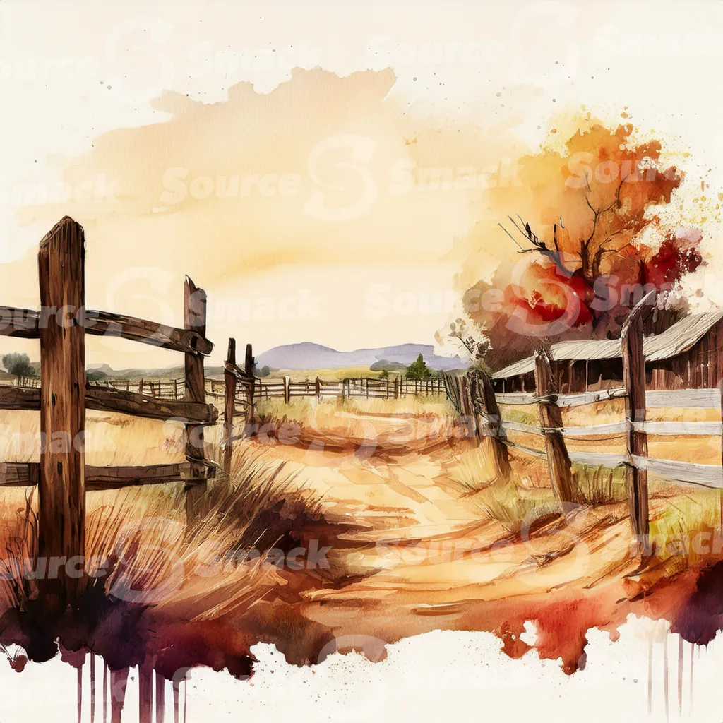 A dirt path winds through a grassy field, bordered by a weathered wooden fence with dark brown posts and horizontal planks with copy space