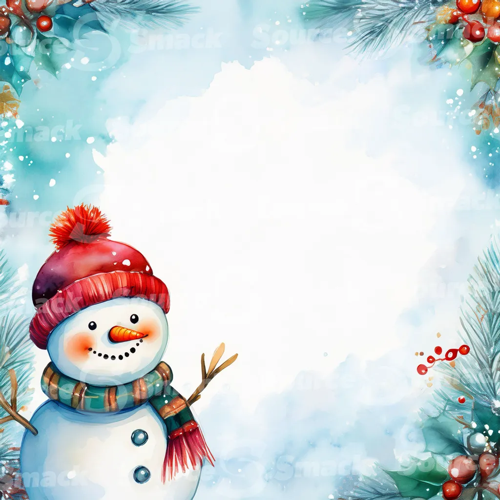 A watercolor painting depicting a cute snowman in winter scene with an assortment of seasonal elements with copy space