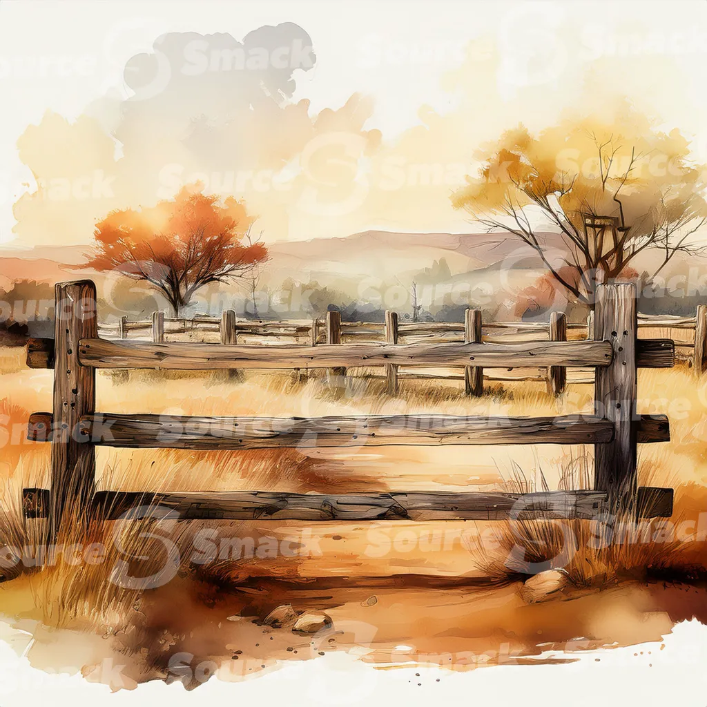 A dirt path winds through a grassy field, bordered by a weathered wooden fence with dark brown posts and horizontal planks with copy space