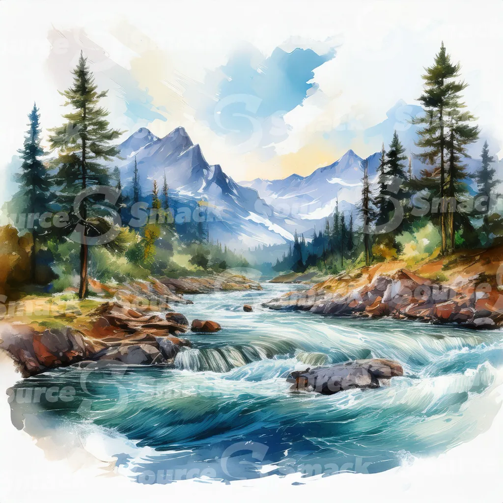 A serene watercolor painting depicts a meandering river flowing through a mountain valley at sunset, surrounded by lush evergreens and rocky banks