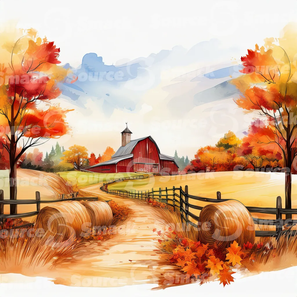 Rustic barn in autumn with a winding dirt road