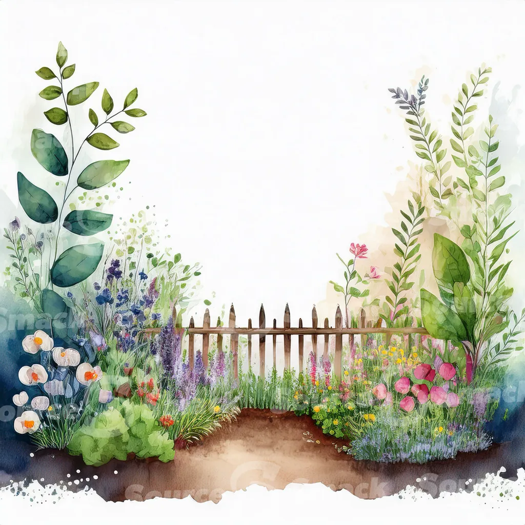A watercolor painting depicts a tranquil garden scene with a rustic wooden fence partially obscuring a path leading into a lush, colorful wildflower meadow with copy space