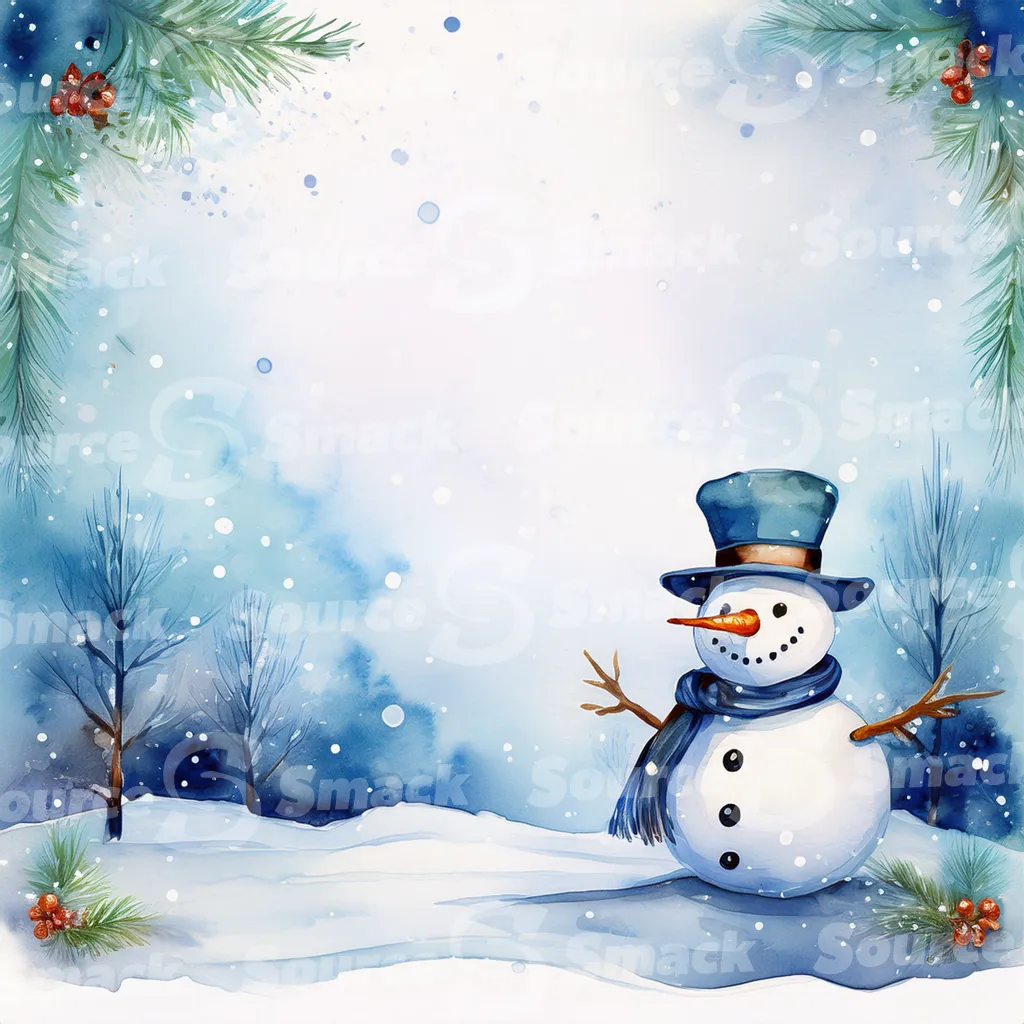 A watercolor painting depicting a cute snowman in winter scene with an assortment of seasonal elements with copy space