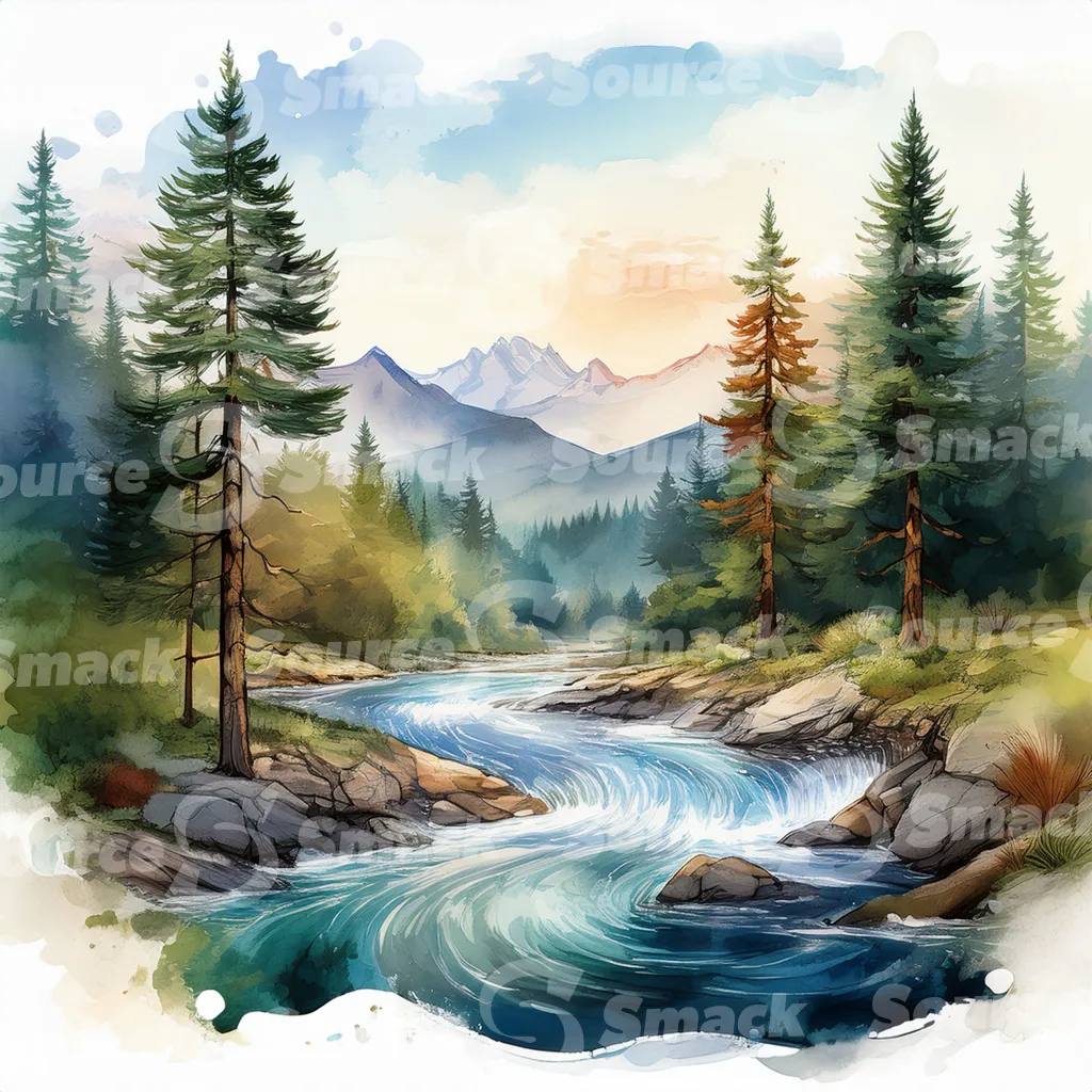A serene watercolor painting depicts a meandering river flowing through a mountain valley at sunset, surrounded by lush evergreens and rocky banks