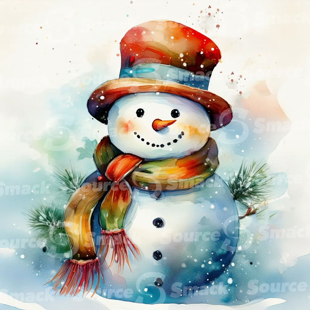 A painting of a cute snowman against stylized pine branches and delicate spots of watercolor paint that create a snowy background.