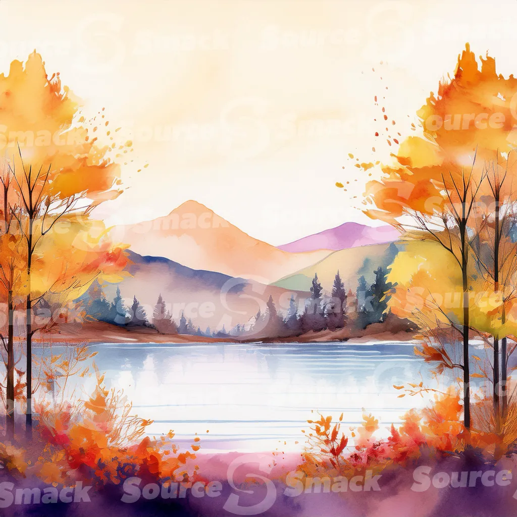 A serene watercolor painting depicts a tranquil autumnal lake scene nestled amidst colorful foliage and mountains, viewed from behind a rustic wooden fence with copy space