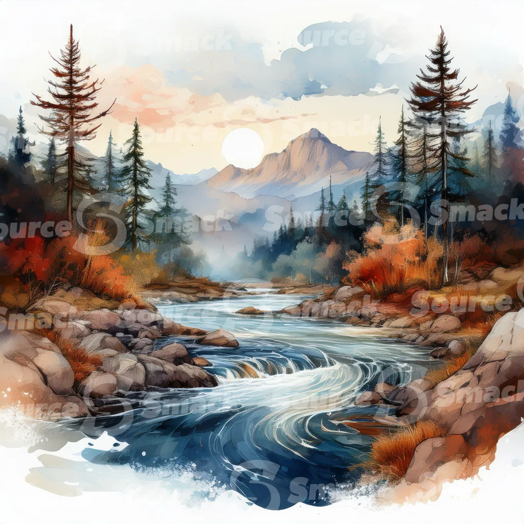 A serene watercolor painting depicts a meandering river flowing through a mountain valley at sunset, surrounded by lush evergreens and rocky banks