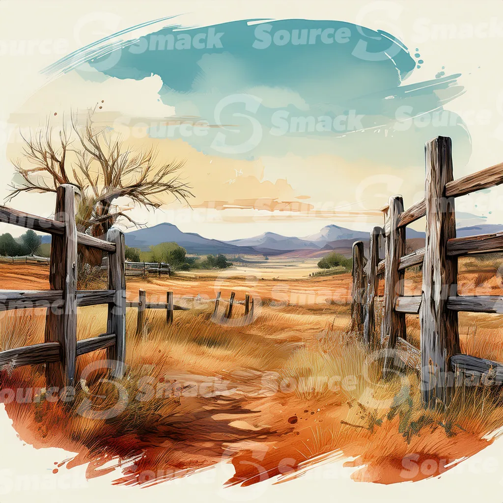 A dirt path winds through a grassy field, bordered by a weathered wooden fence with dark brown posts and horizontal planks with copy space