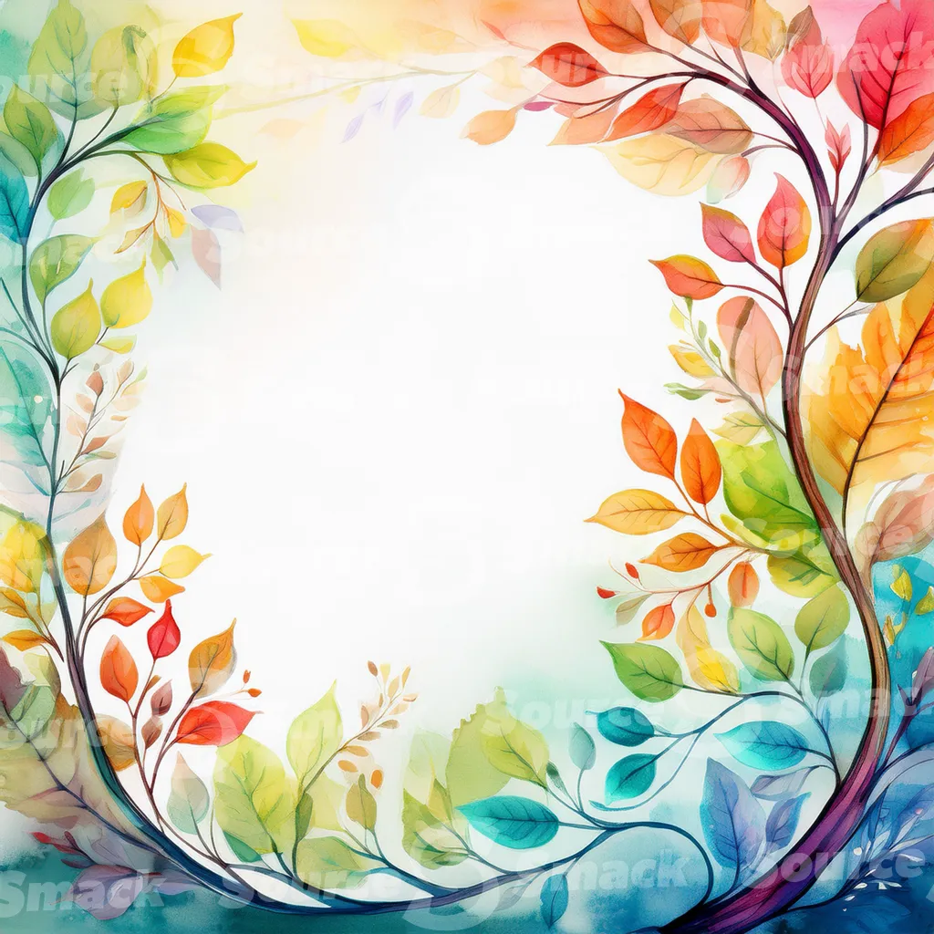 A watercolor-style illustration, featuring stylized tree branches and leaves in various shades of autumnal colors with copy space