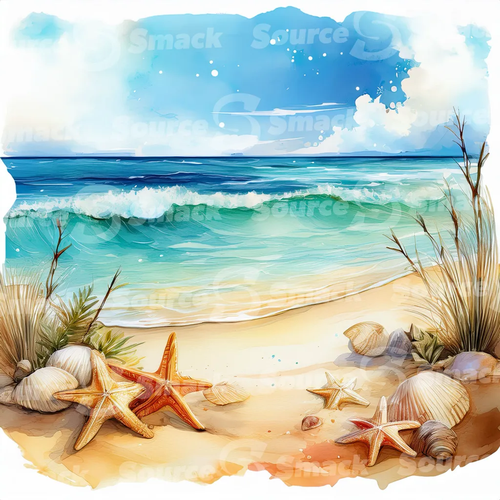 Tropical beach with waves, star fish and sea shells with copy space