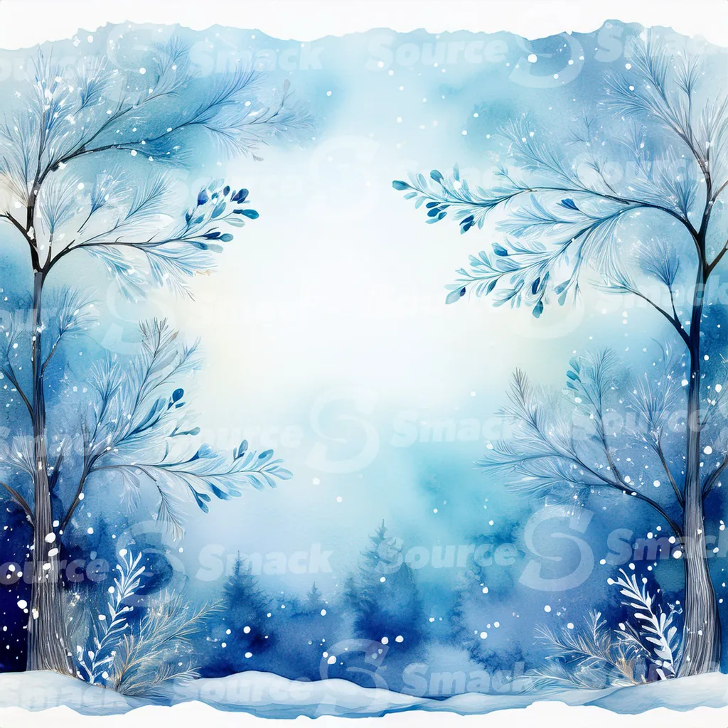 A winter forest scene of snow. Small, frosted bushes and branches are scattered across the snow with copy space.