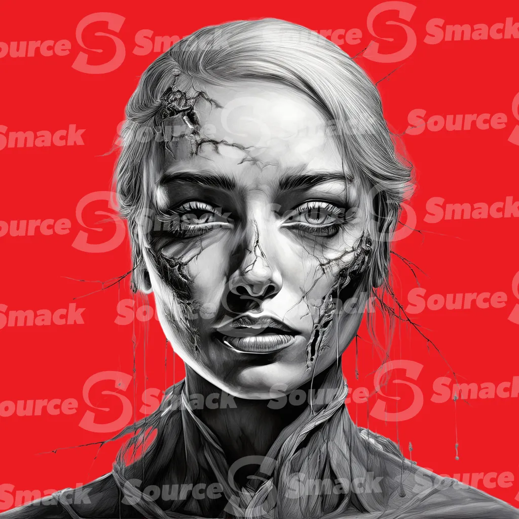 A solemn female zombie looking straight at the camera clipped as a transparent image