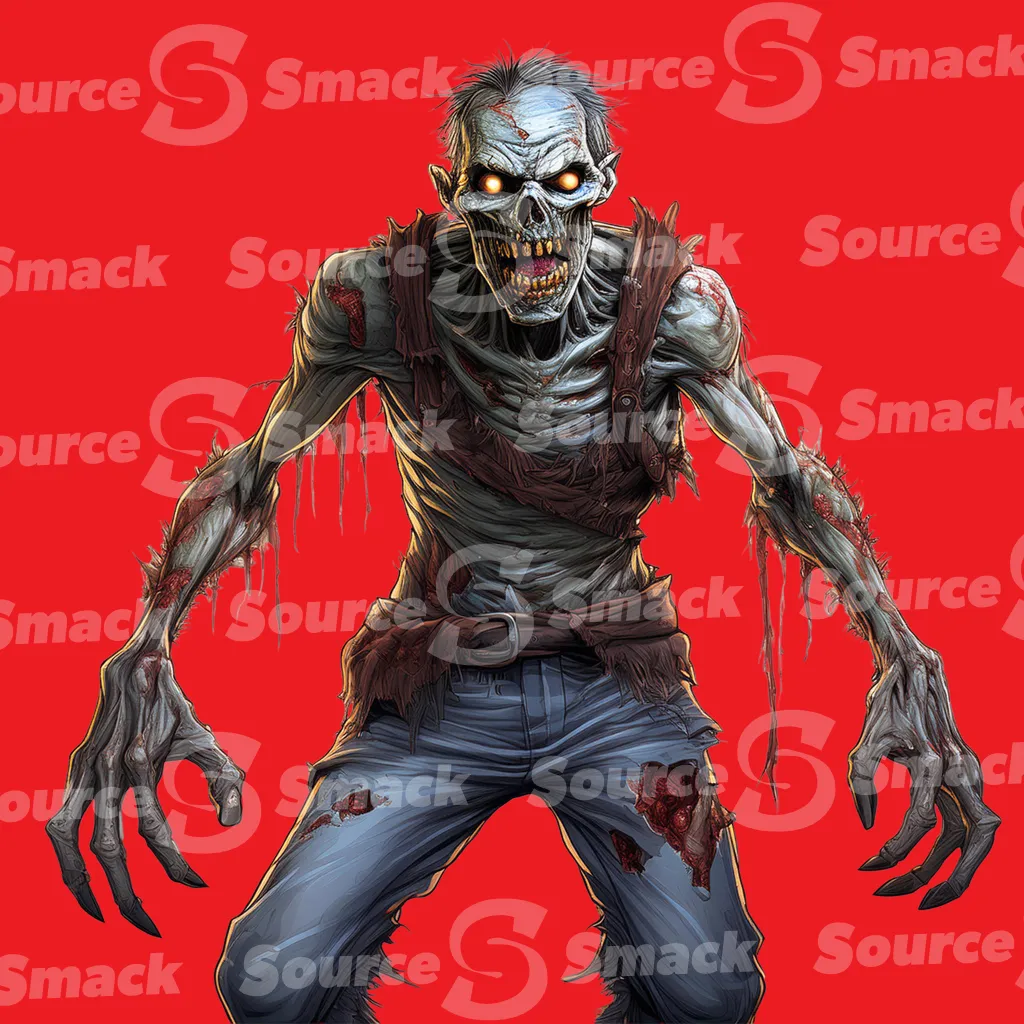 An aggressive male zombie ready to attack clipped as a transparent image