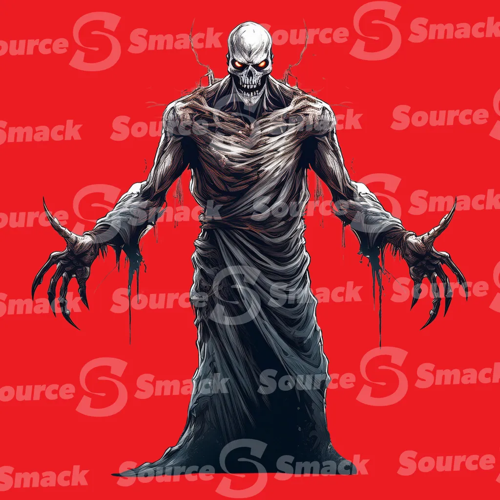 A frightning evil skeleton in a robe with arms outstretched clipped as a transparent image