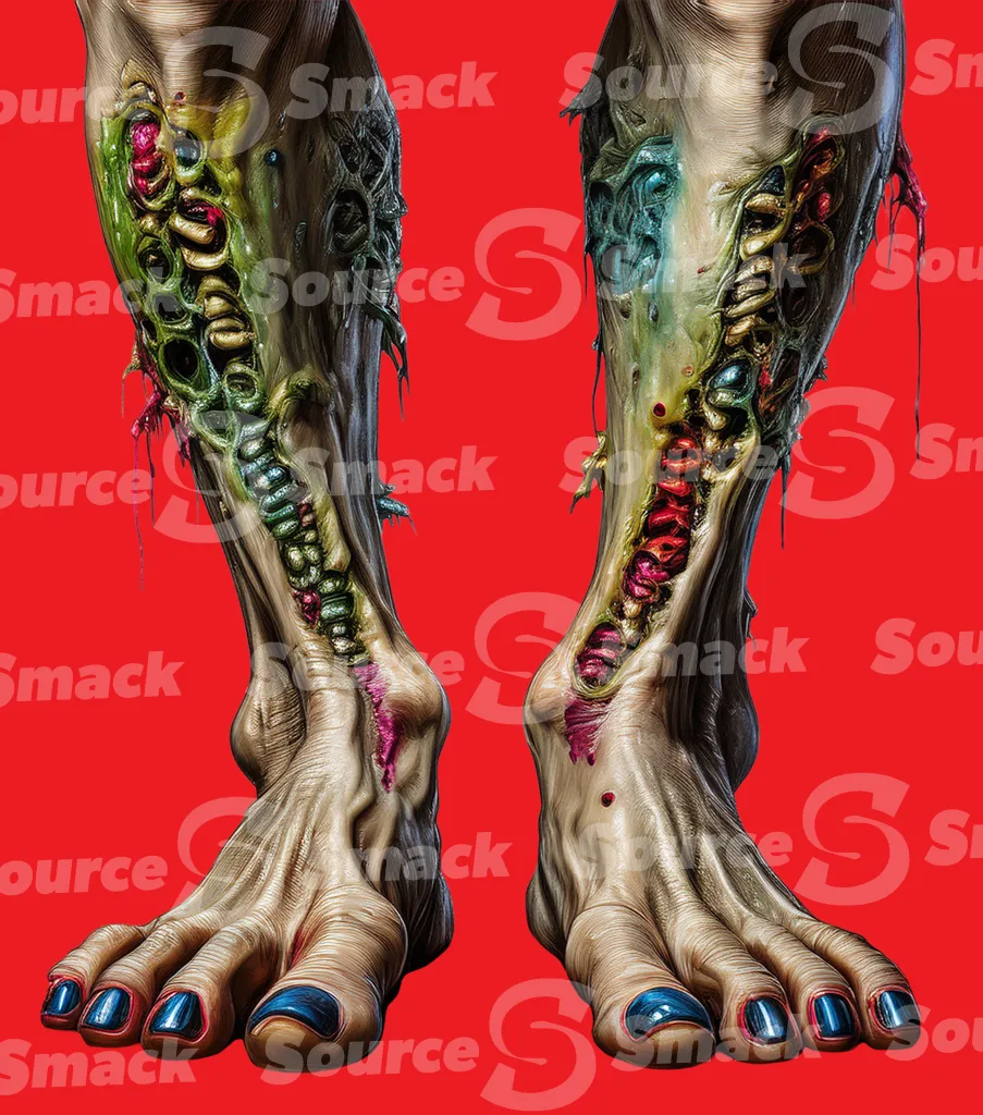 Female rotting zombie legs and feet clipped as a transparent image