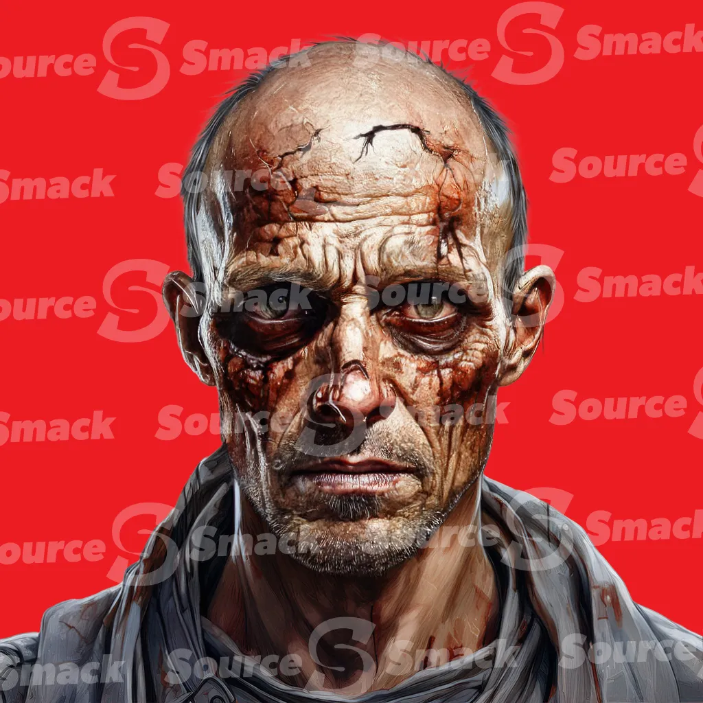 A tired broken man slowly turning into a zombie clipped as a transparent image