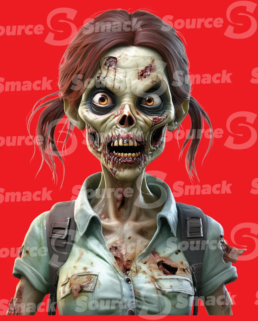 A cartoon female zombie upset with pigtails clipped as a transparent image