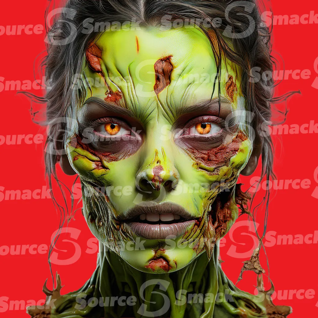 A green rotting female zombie with orange eyes clipped as a transparent image