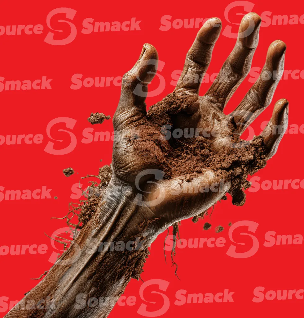 A zombie arm reaching out from the dirt clipped as a transparent image