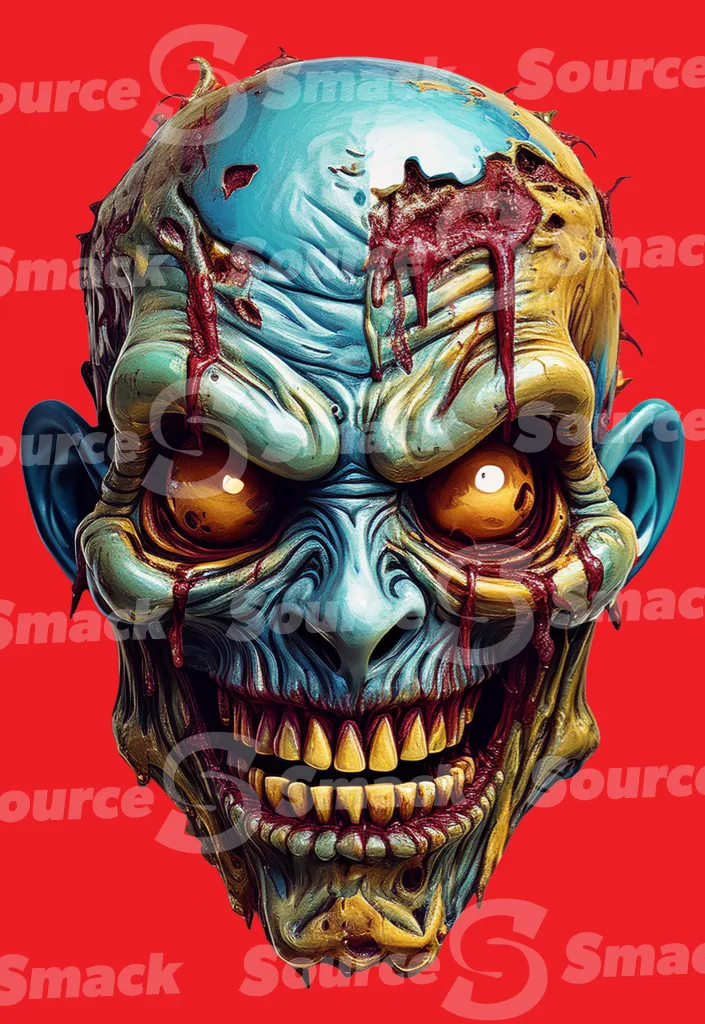 An evil blue skinned zombie with a grin clipped as a transparent image