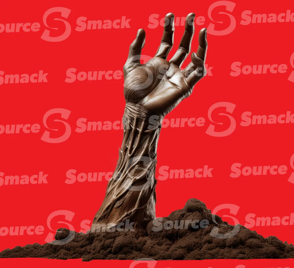 A zombie arm reaching out from a mound of dirt clipped as a transparent image