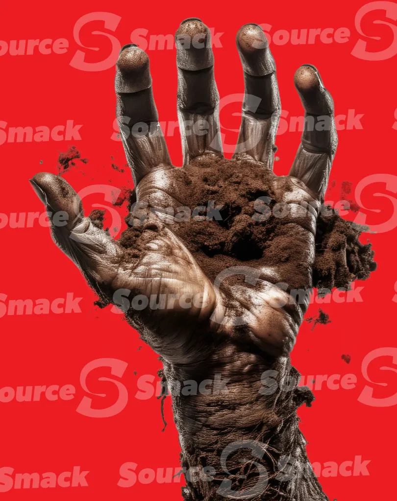 A zombie hand reaching out from the dirt clipped as a transparent image