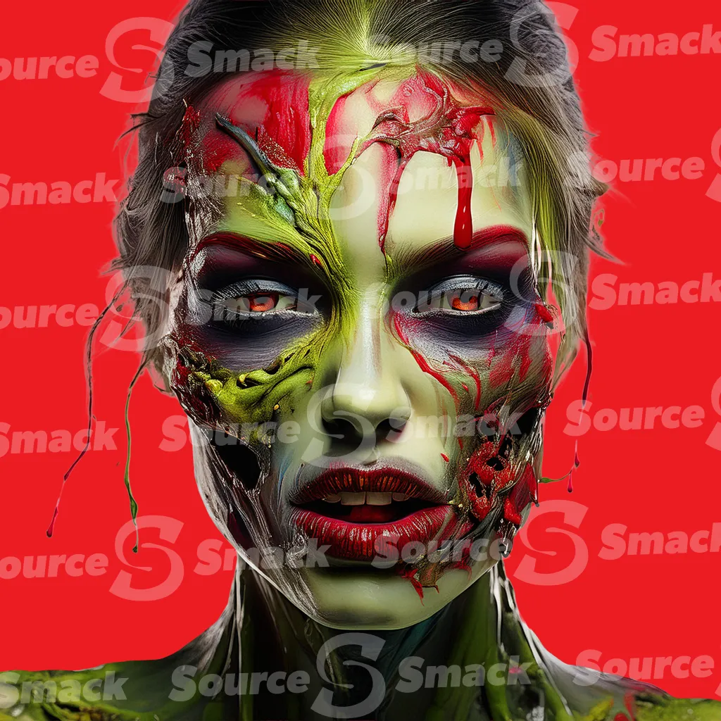 A seductive green rotting female zombie with orange eyes clipped as a transparent image