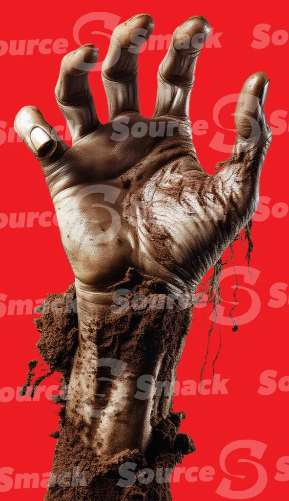 A zombie arm reaching out from the dirt clipped as a transparent image