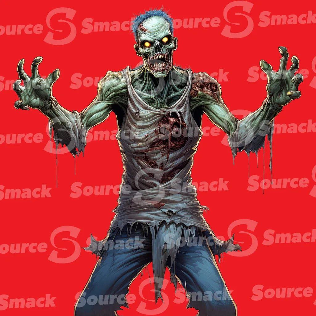 An angry blue haired male zombie clipped as a transparent image