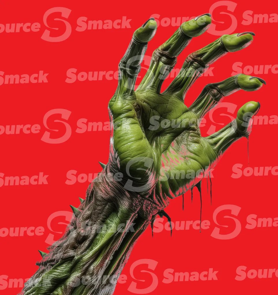 A green female zombie’s hand reaching outwards clipped as a transparent image