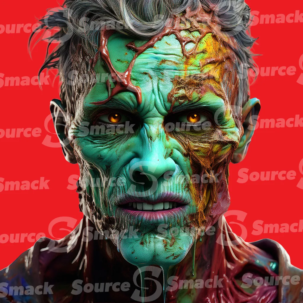 A scowling green rotting male zombie with orange eyes clipped as a transparent image