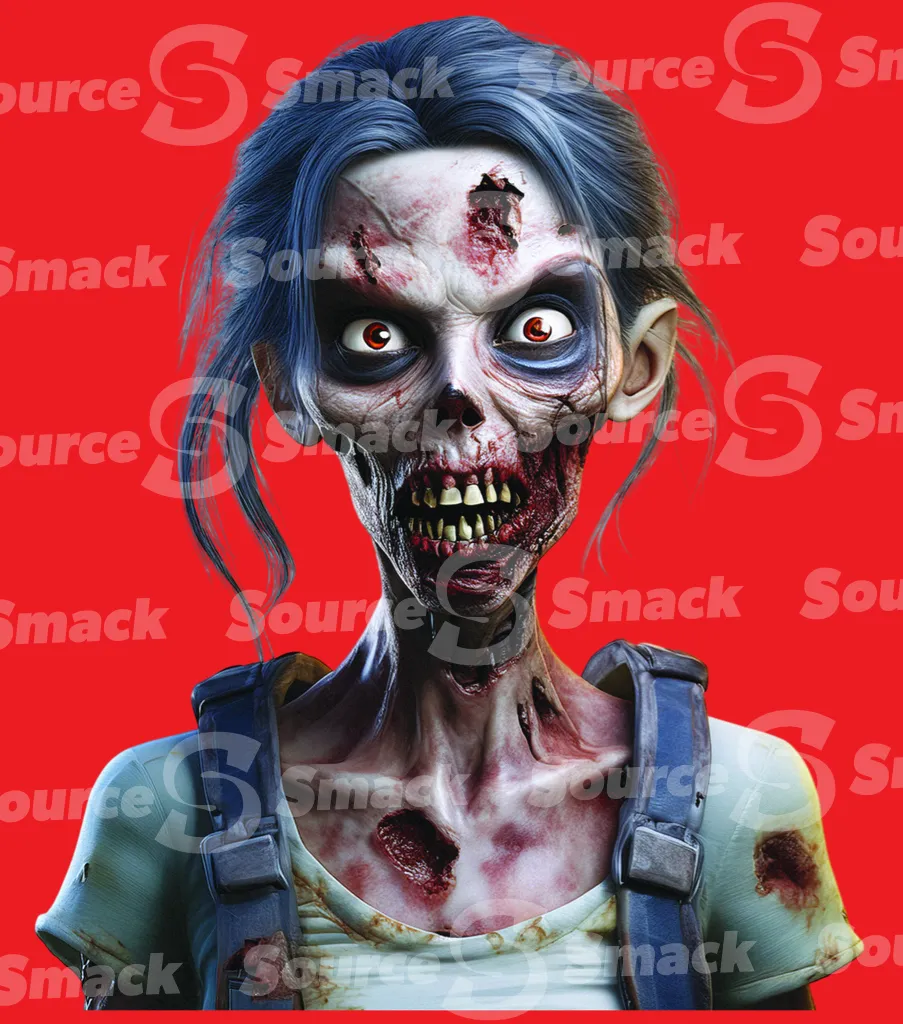 A cartoon upset female zombie clipped as a transparent image