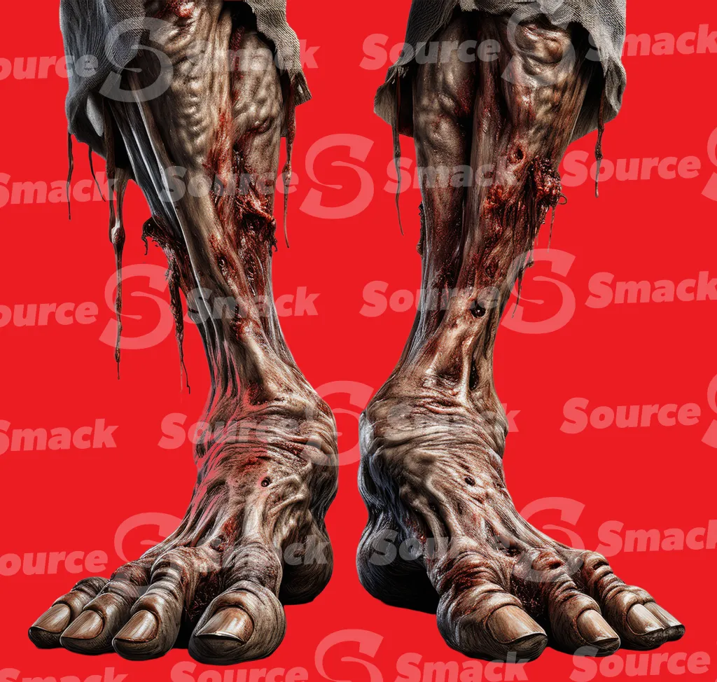 A male zombie’s legs and feet and ripped pants clipped as a transparent image