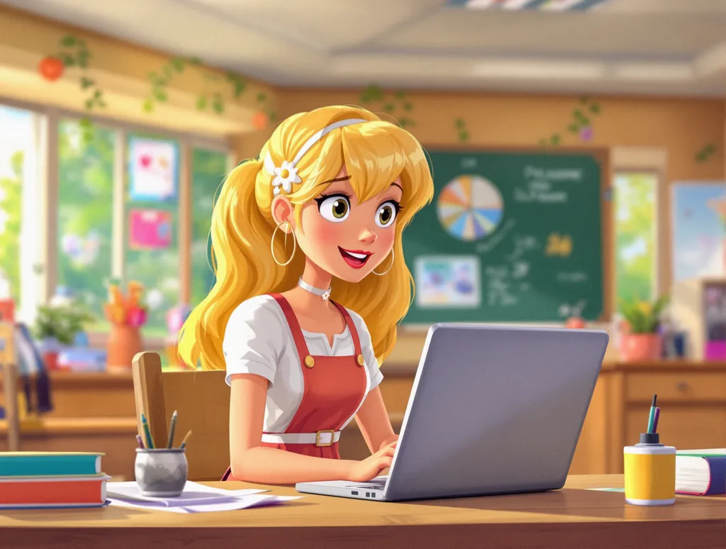 A young blonde female teacher working on her laptop styled as a cartoon illustration