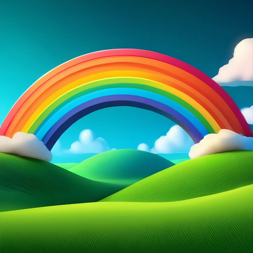 A colorful rainbow connected to rolling hills of grass styled as a cartoon illustration