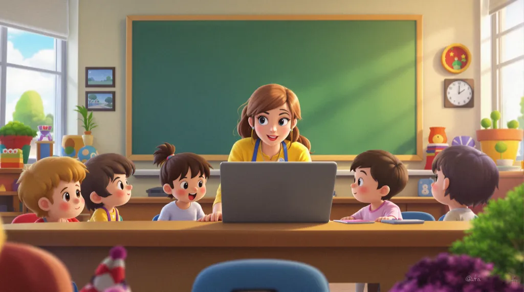 A teacher showing her computer screen to five children styled as a cartoon illustration