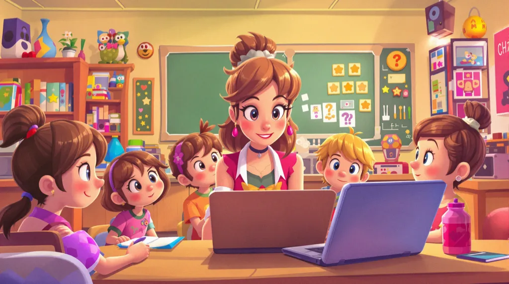 A teacher showing her computer screen to five children styled as a cartoon illustration