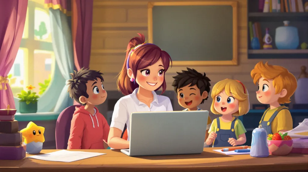 A teacher showing her computer screen to four children styled as a cartoon illustration
