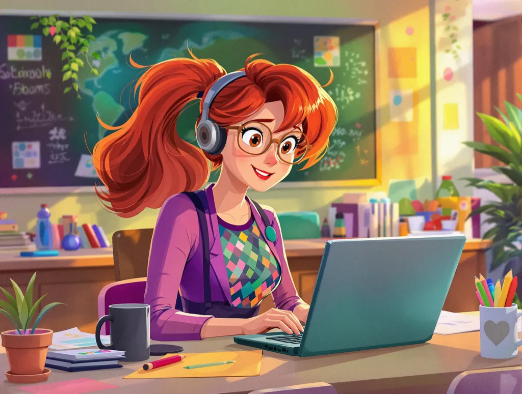 A young female teacher working on her computer styled as a cartoon illustration