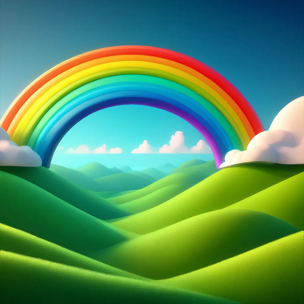 A colorful rainbow connected to rolling hills of grass styled as a cartoon illustration