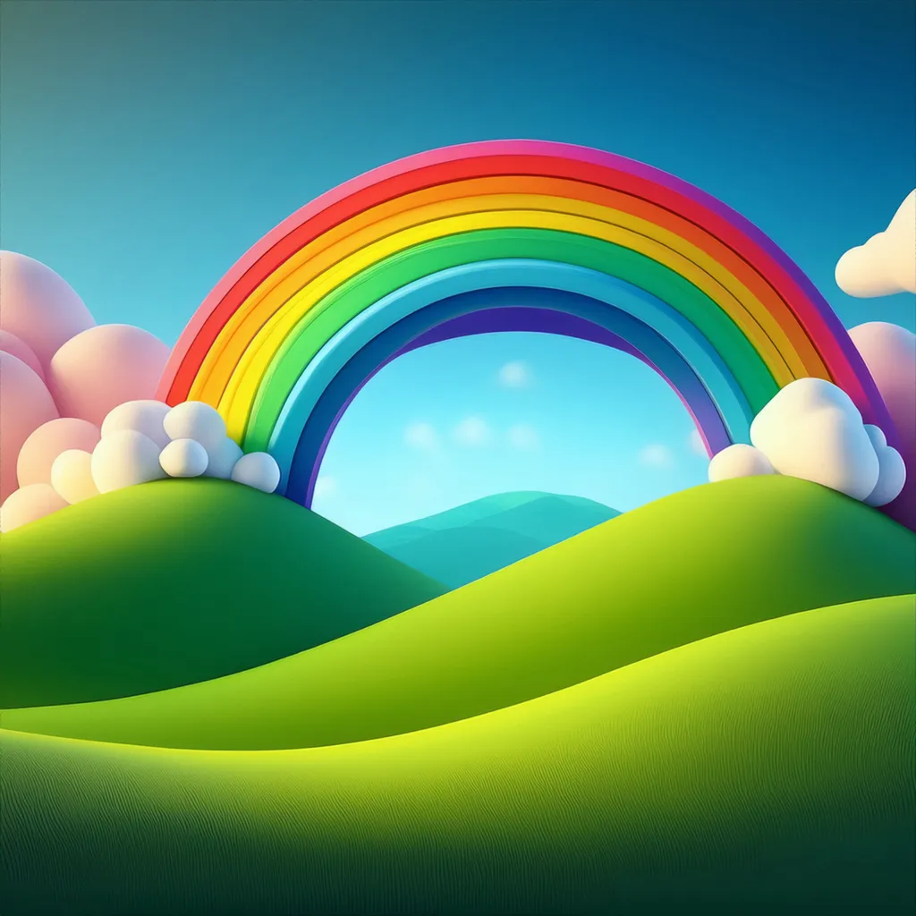 A colorful rainbow connected to rolling hills of grass styled as a cartoon illustration