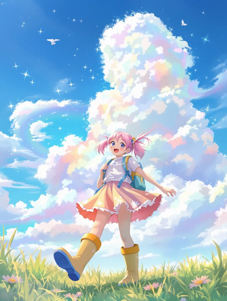 A young anime girl walking through a field with rubber boots styled as a cartoon illustration