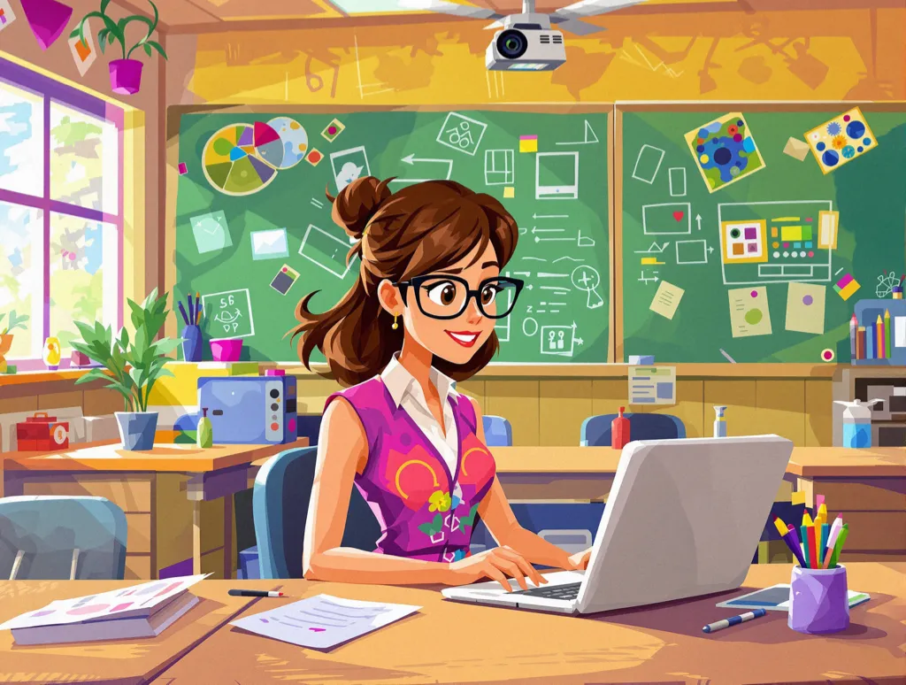 A young female teacher with glasses working on her computer styled as a cartoon illustration