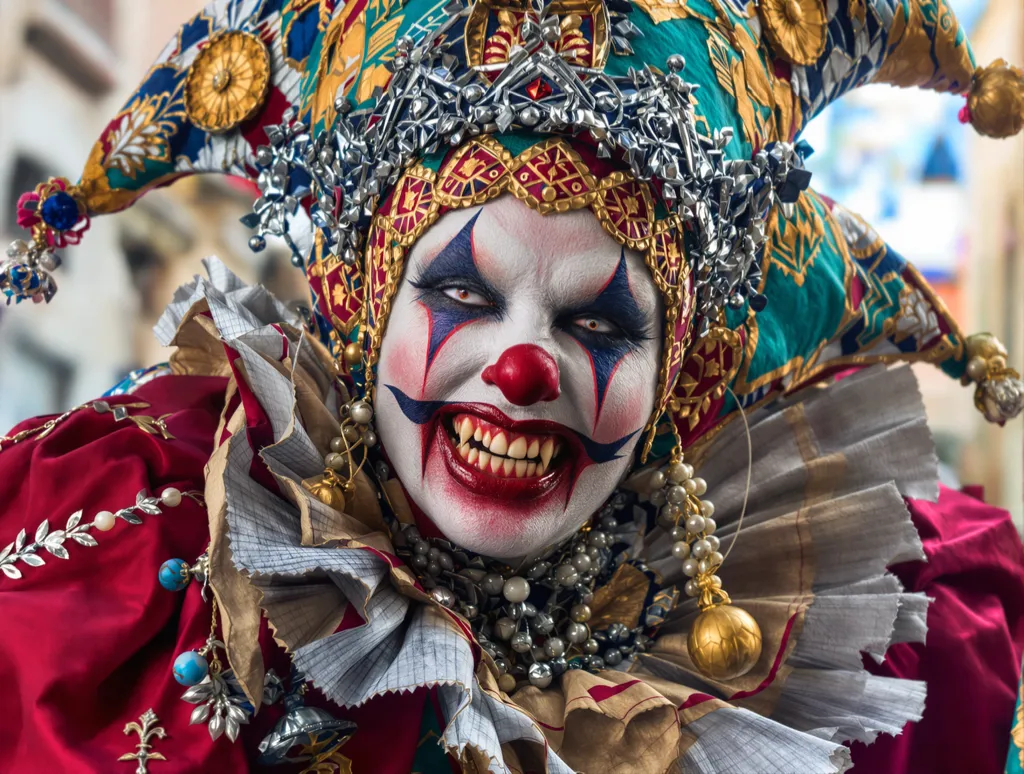 A sinister clown, with exaggerated features and a menacing grin