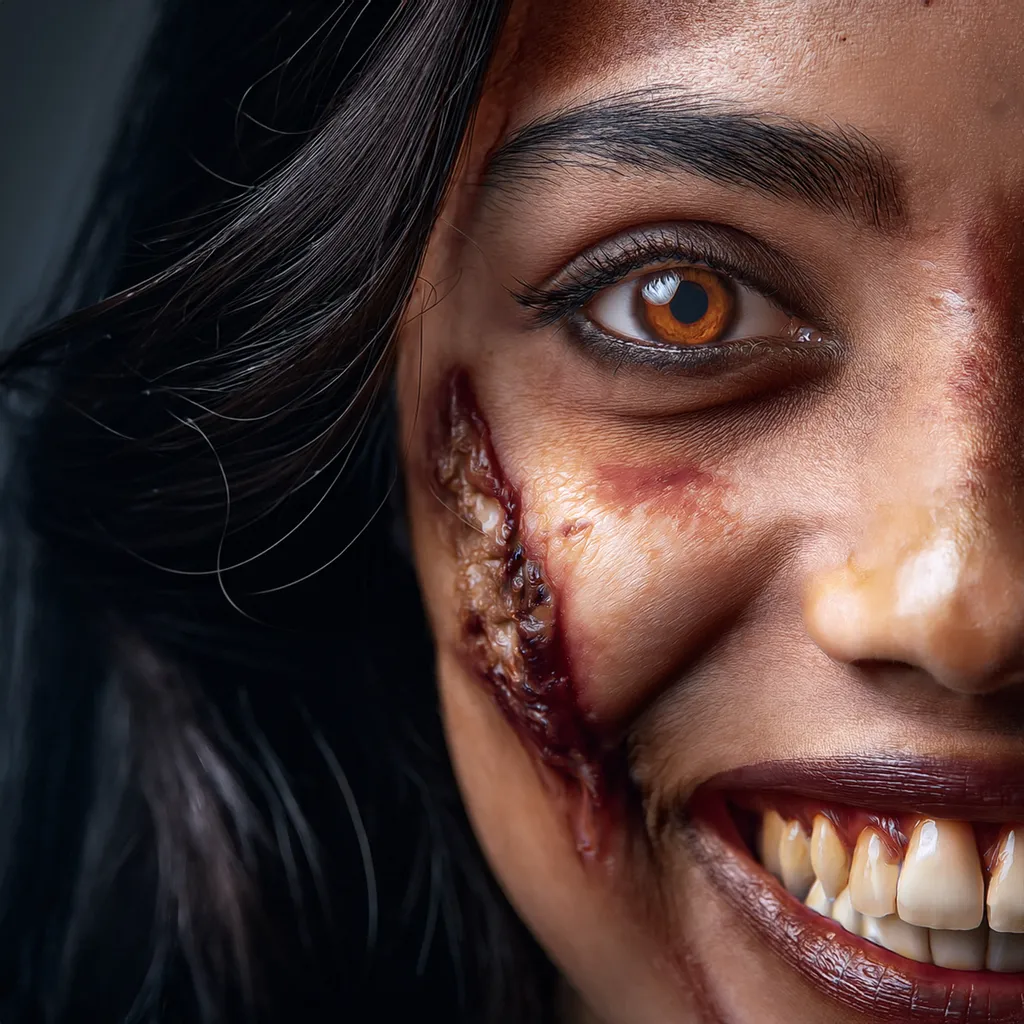 Smiling ethnic female zombie side of the face profile