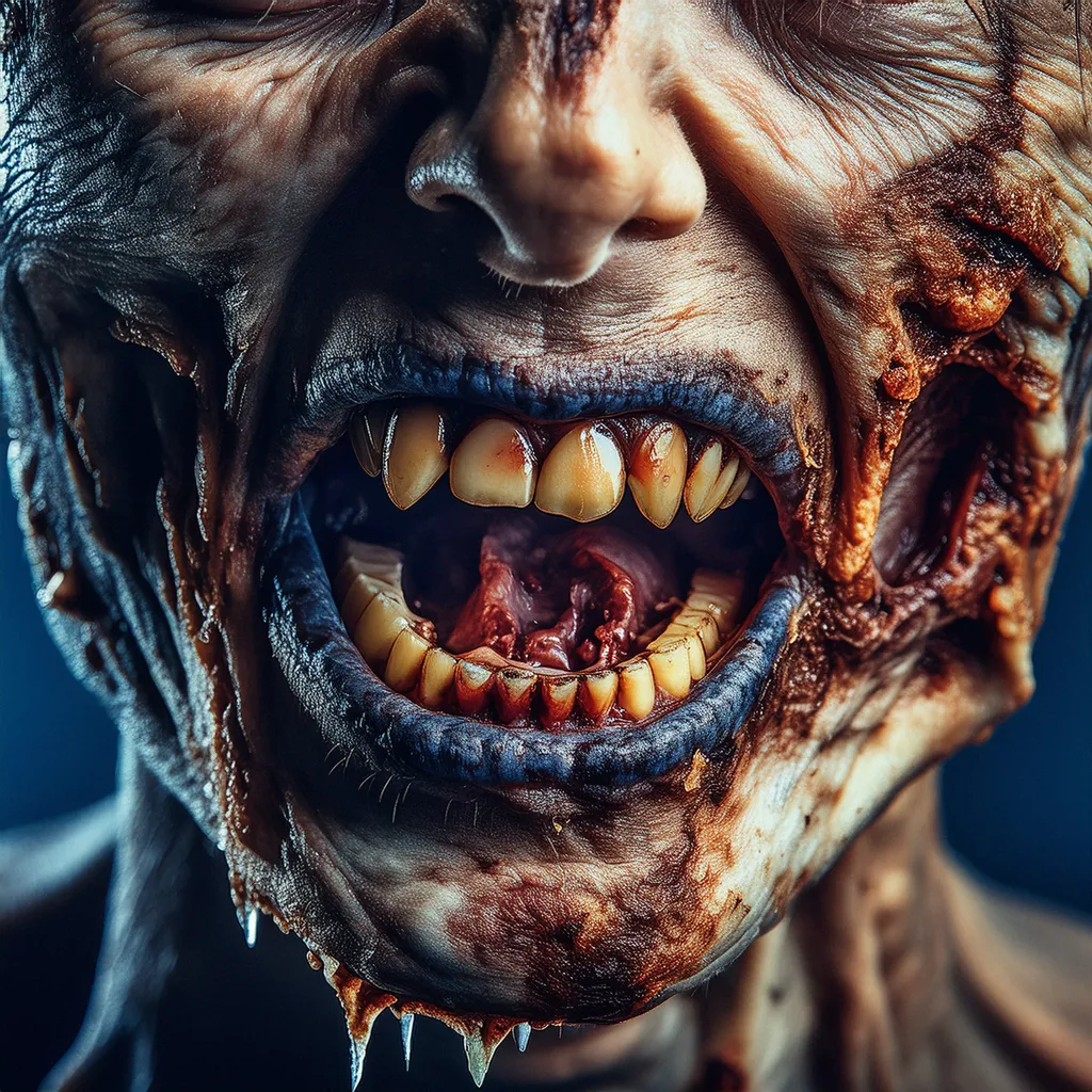 A rotting female zombie showing her teeth close up