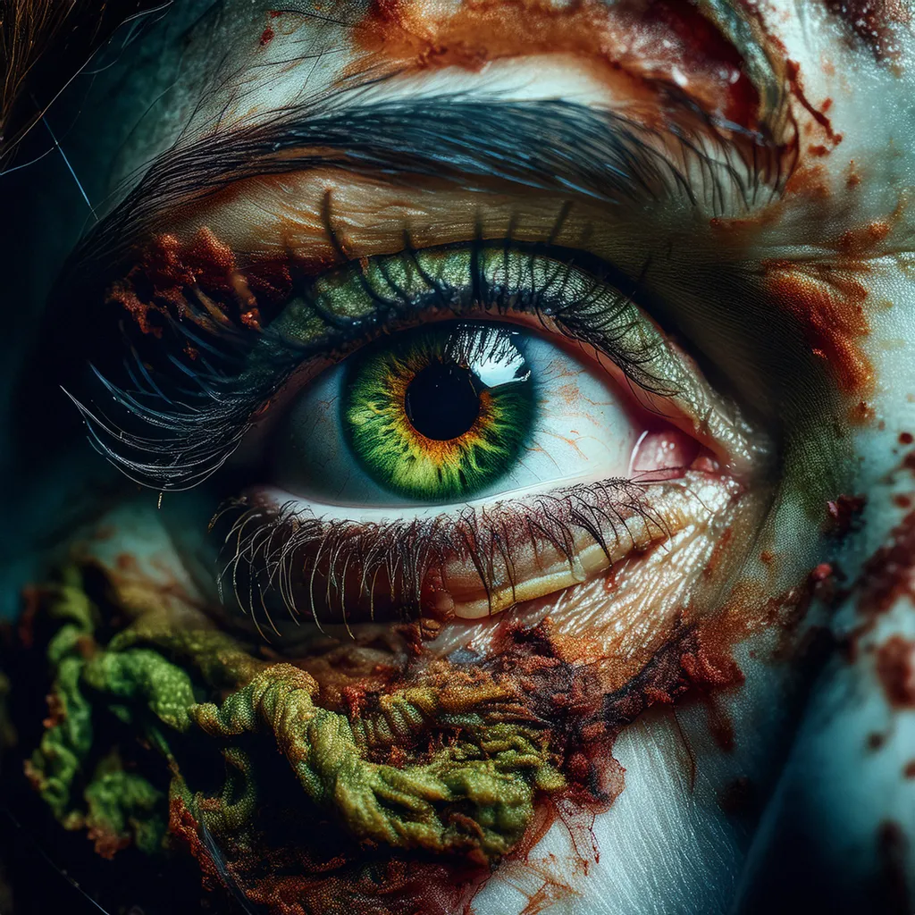 A close up shot of a female zombie eye