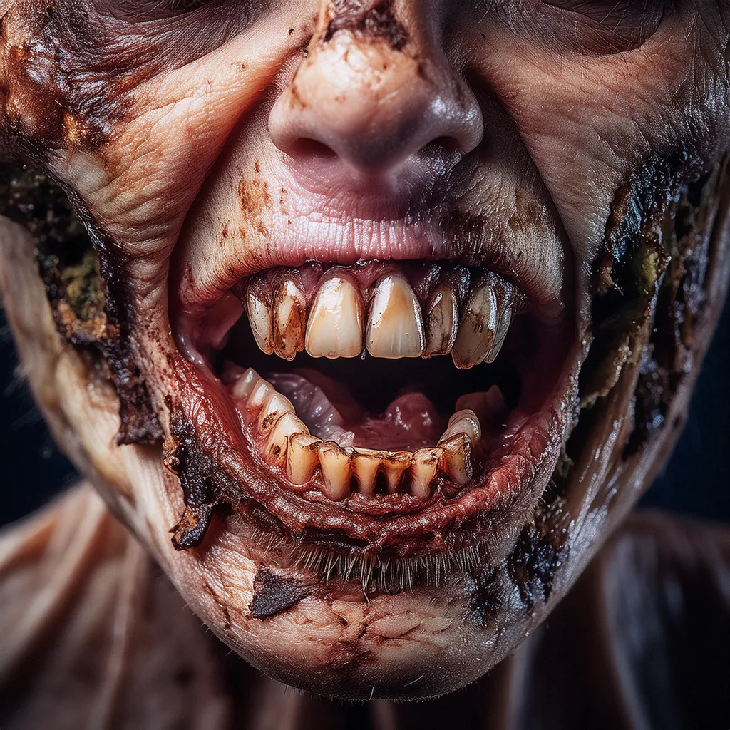 A rotting female zombie showing her teeth close up