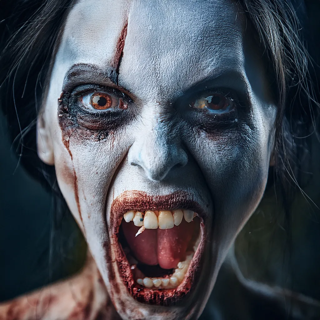 A pale aggressive female zombie